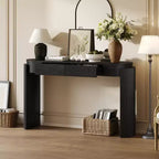 Table d'entrée avec finition en grain de bois naturel, console encastrée, plateau ovale, deux tiroirs, pour entrées et salons