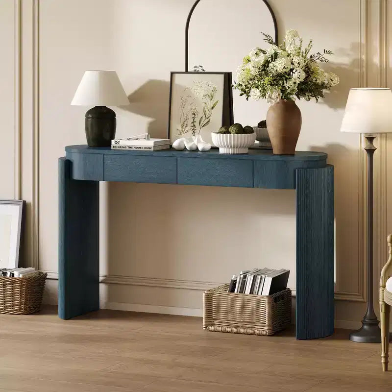 Table d'entrée avec finition en grain de bois naturel, console encastrée, plateau ovale, deux tiroirs, pour entrées et salons