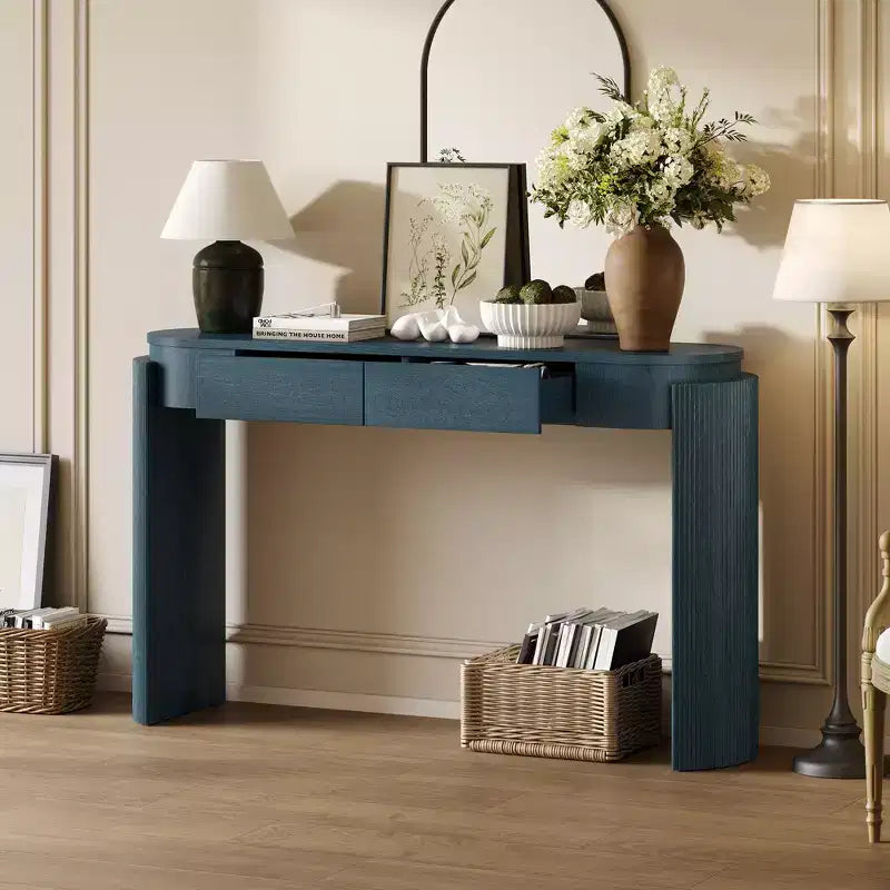 Table d'entrée avec finition en grain de bois naturel, console encastrée, plateau ovale, deux tiroirs, pour entrées et salons