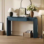 Table d'entrée avec finition en grain de bois naturel, console encastrée, plateau ovale, deux tiroirs, pour entrées et salons