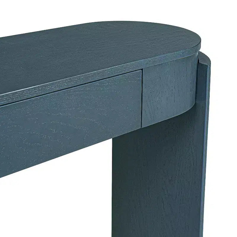 Table d'entrée avec finition en grain de bois naturel, console encastrée, plateau ovale, deux tiroirs, pour entrées et salons
