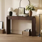Table d'entrée avec finition en grain de bois naturel, console encastrée, plateau ovale, deux tiroirs, pour entrées et salons