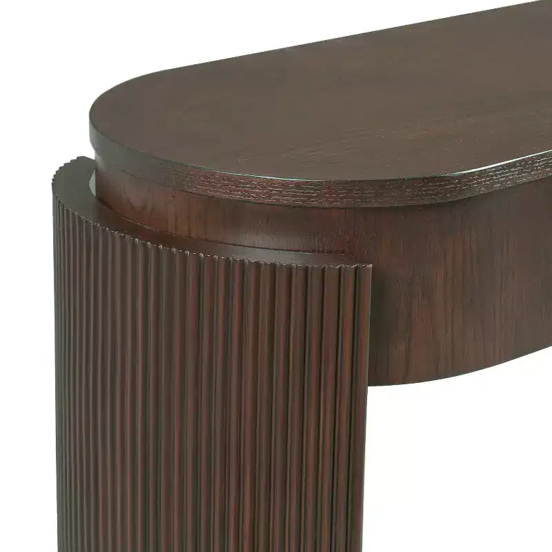 Table d'entrée avec finition en grain de bois naturel, console encastrée, plateau ovale, deux tiroirs, pour entrées et salons