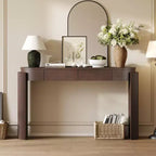 Table d'entrée avec finition en grain de bois naturel, console encastrée, plateau ovale, deux tiroirs, pour entrées et salons