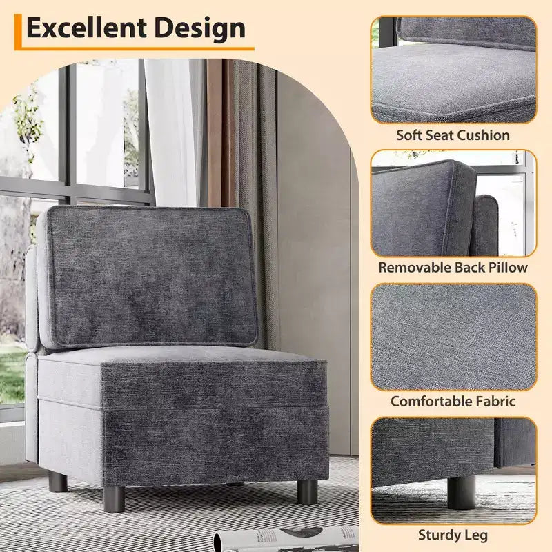 Module central de canapé sectionnel modulable avec espace de rangement, dossier réglable sur 11 angles, gris 79 P x 66 L x 84 H cm
