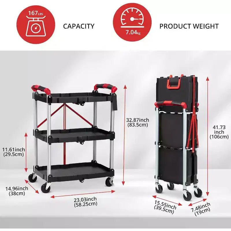 Chariot de service pliant à 3 niveaux avec roues verrouillables, desserte roulante robuste pour cuisine, bureau et garage