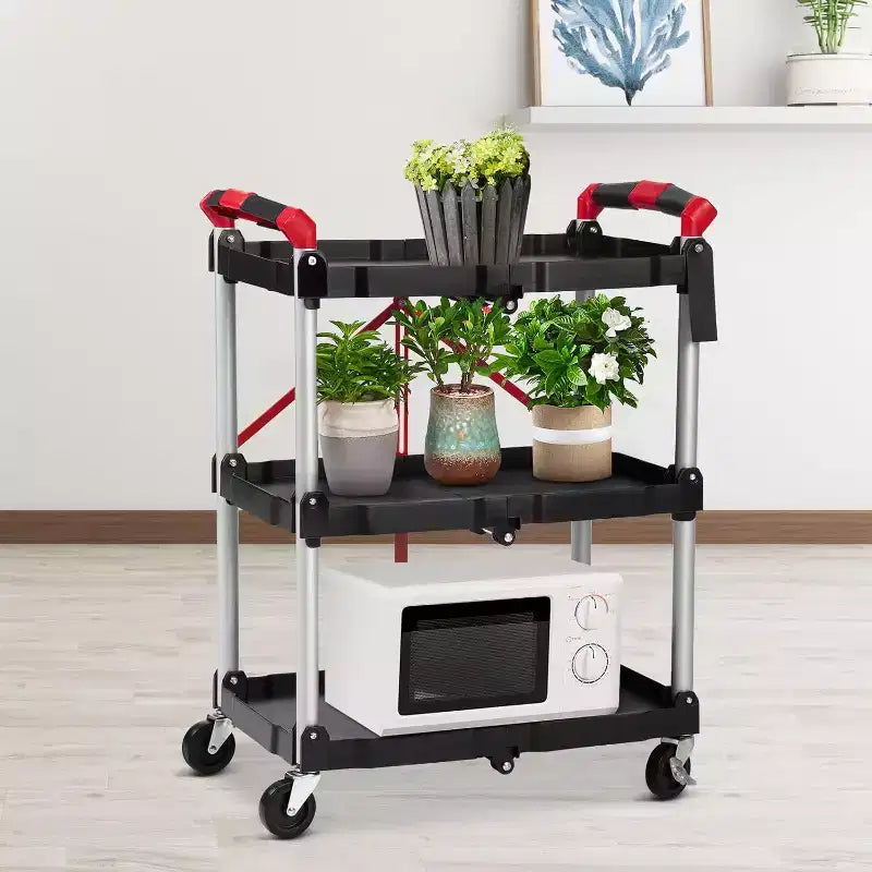 Chariot de service pliant à 3 niveaux avec roues verrouillables, desserte roulante robuste pour cuisine, bureau et garage