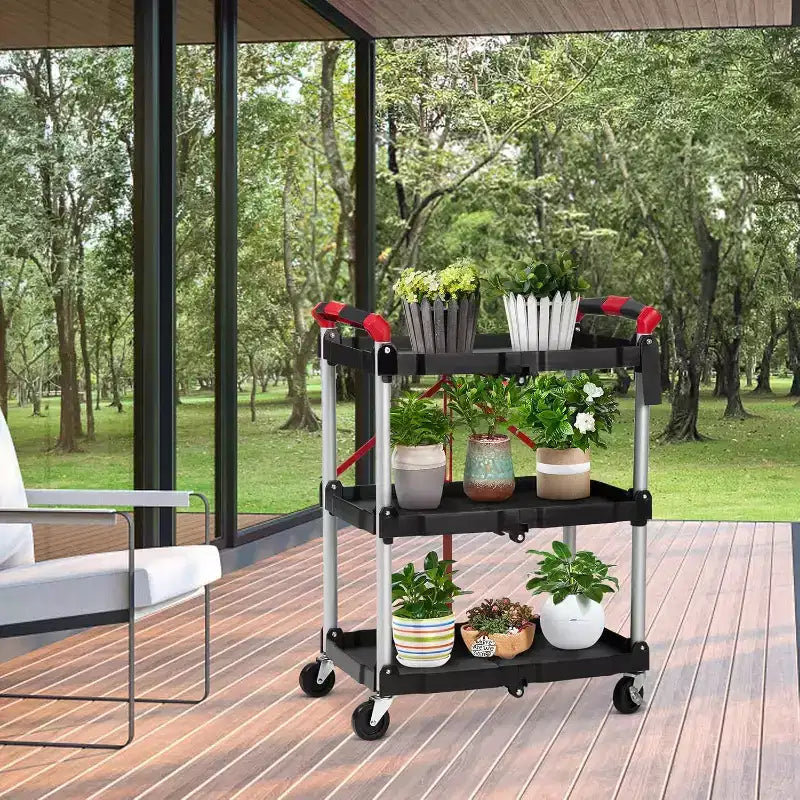 Chariot de service pliant à 3 niveaux avec roues verrouillables, desserte roulante robuste pour cuisine, bureau et garage