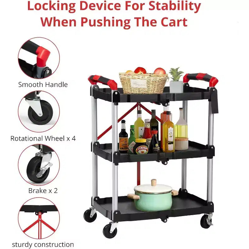 Chariot de service pliant à 3 niveaux avec roues verrouillables, desserte roulante robuste pour cuisine, bureau et garage
