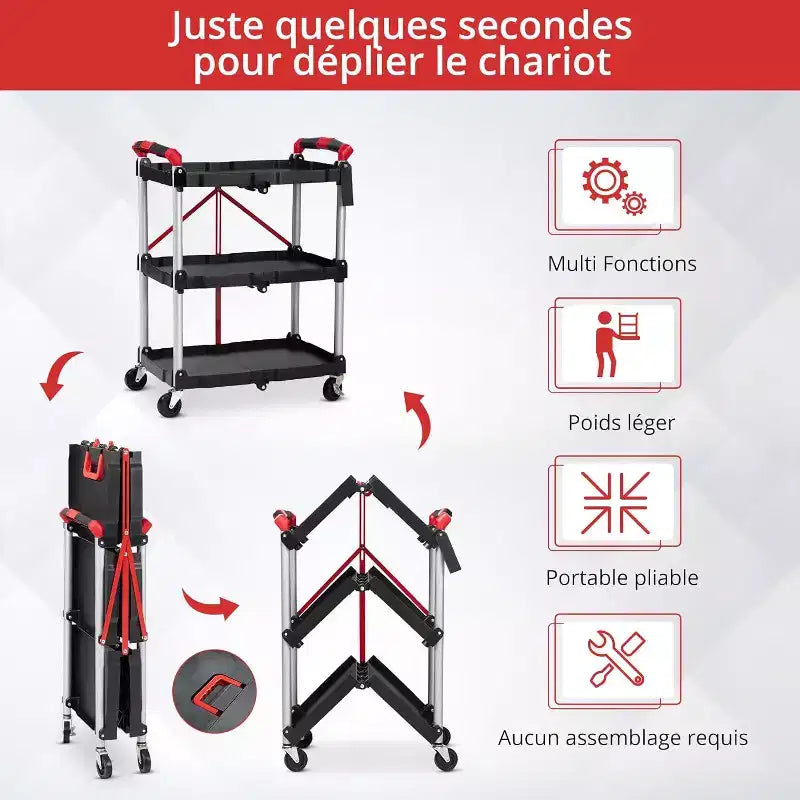 Chariot de service pliant à 3 niveaux avec roues verrouillables, desserte roulante robuste pour cuisine, bureau et garage