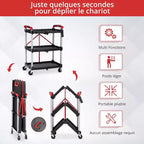 Chariot de service pliant à 3 niveaux avec roues verrouillables, desserte roulante robuste pour cuisine, bureau et garage