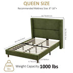 Dyonery Queen Lit plateforme tapissier avec tête de lit capitonnée à oreilles de 130 cm de haut, pieds en bois massif, aucun sommier tapissier requis, lin beige, style moderne