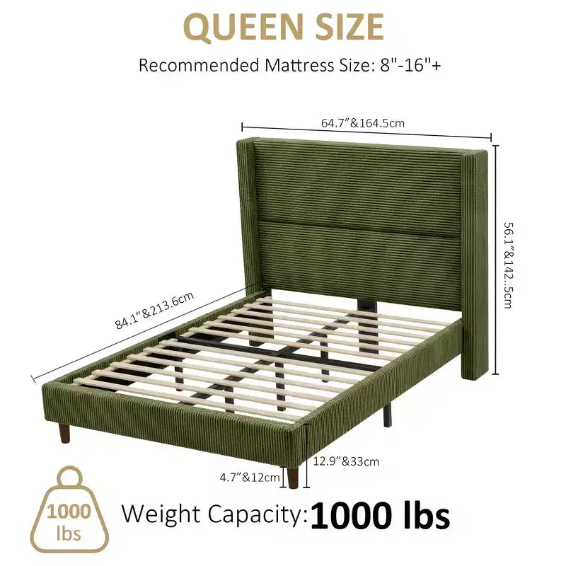 Dyonery Queen Lit plateforme tapissier avec tête de lit capitonnée à oreilles de 130 cm de haut, pieds en bois massif, aucun sommier tapissier requis, lin beige, style moderne