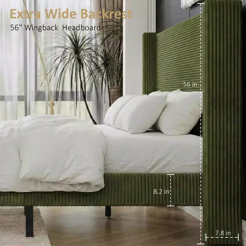 Dyonery Queen Lit plateforme tapissier avec tête de lit capitonnée à oreilles de 130 cm de haut, pieds en bois massif, aucun sommier tapissier requis, lin beige, style moderne