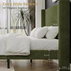 Dyonery Queen Lit plateforme tapissier avec tête de lit capitonnée à oreilles de 130 cm de haut, pieds en bois massif, aucun sommier tapissier requis, lin beige, style moderne