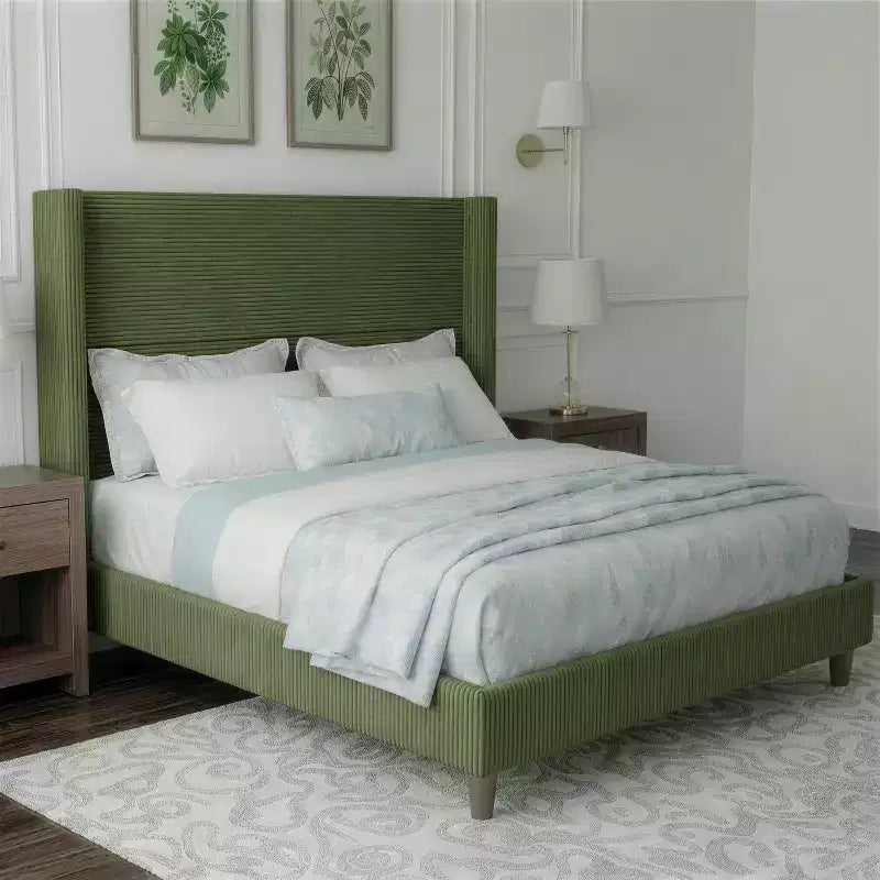 Dyonery Queen Lit plateforme tapissier avec tête de lit capitonnée à oreilles de 130 cm de haut, pieds en bois massif, aucun sommier tapissier requis, lin beige, style moderne
