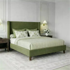 Dyonery Queen Lit plateforme tapissier avec tête de lit capitonnée à oreilles de 130 cm de haut, pieds en bois massif, aucun sommier tapissier requis, lin beige, style moderne