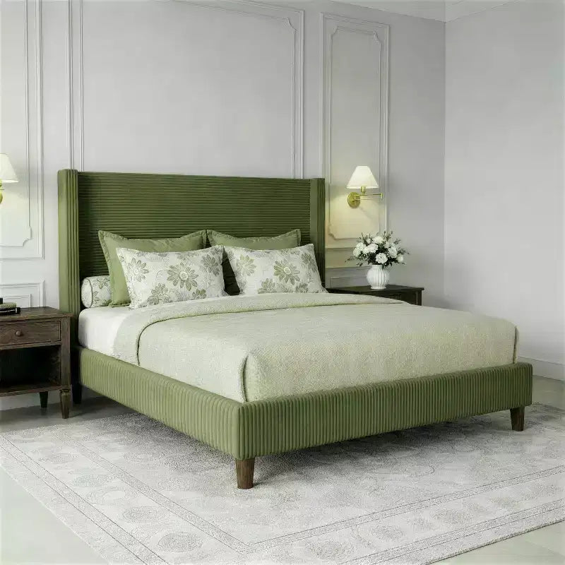 Dyonery Queen Lit plateforme tapissier avec tête de lit capitonnée à oreilles de 130 cm de haut, pieds en bois massif, aucun sommier tapissier requis, lin beige, style moderne