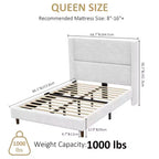 Dyonery Queen Lit plateforme tapissier avec tête de lit capitonnée à oreilles de 130 cm de haut, pieds en bois massif, aucun sommier tapissier requis, lin beige, style moderne