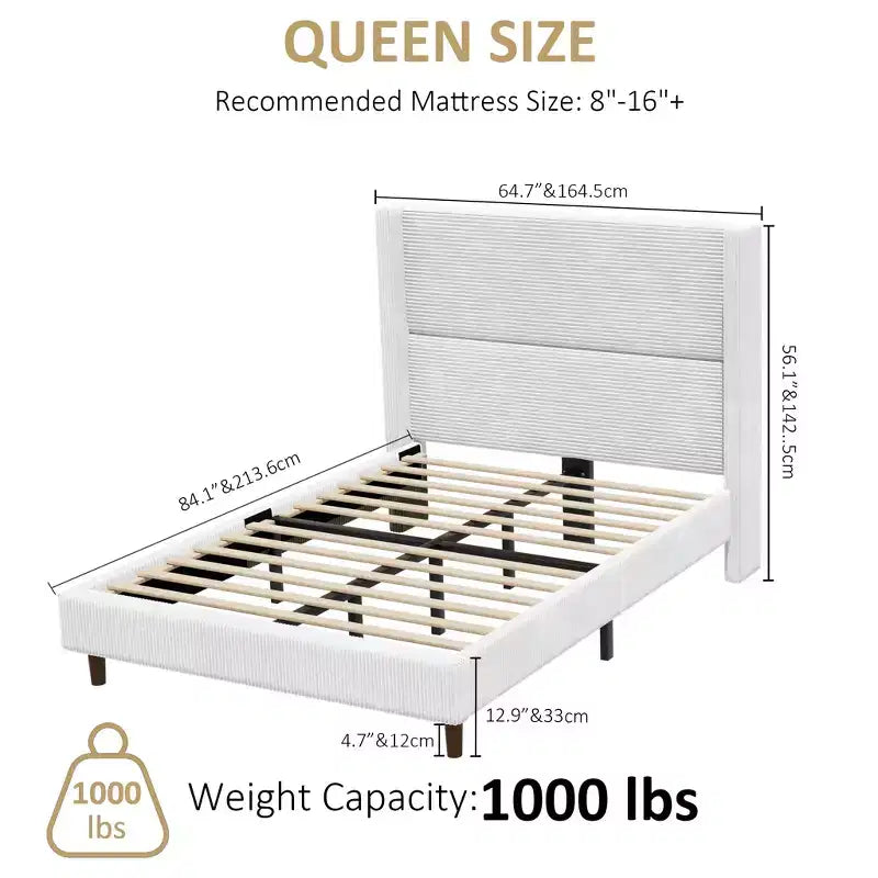 Dyonery Queen Lit plateforme tapissier avec tête de lit capitonnée à oreilles de 130 cm de haut, pieds en bois massif, aucun sommier tapissier requis, lin beige, style moderne