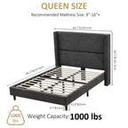 Dyonery Queen Lit plateforme tapissier avec tête de lit capitonnée à oreilles de 130 cm de haut, pieds en bois massif, aucun sommier tapissier requis, lin beige, style moderne
