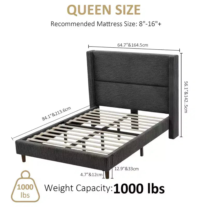 Dyonery Queen Lit plateforme tapissier avec tête de lit capitonnée à oreilles de 130 cm de haut, pieds en bois massif, aucun sommier tapissier requis, lin beige, style moderne