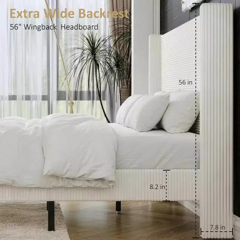 Dyonery Queen Lit plateforme tapissier avec tête de lit capitonnée à oreilles de 130 cm de haut, pieds en bois massif, aucun sommier tapissier requis, lin beige, style moderne