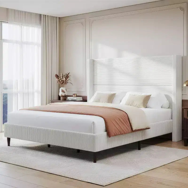 Dyonery Queen Lit plateforme tapissier avec tête de lit capitonnée à oreilles de 130 cm de haut, pieds en bois massif, aucun sommier tapissier requis, lin beige, style moderne
