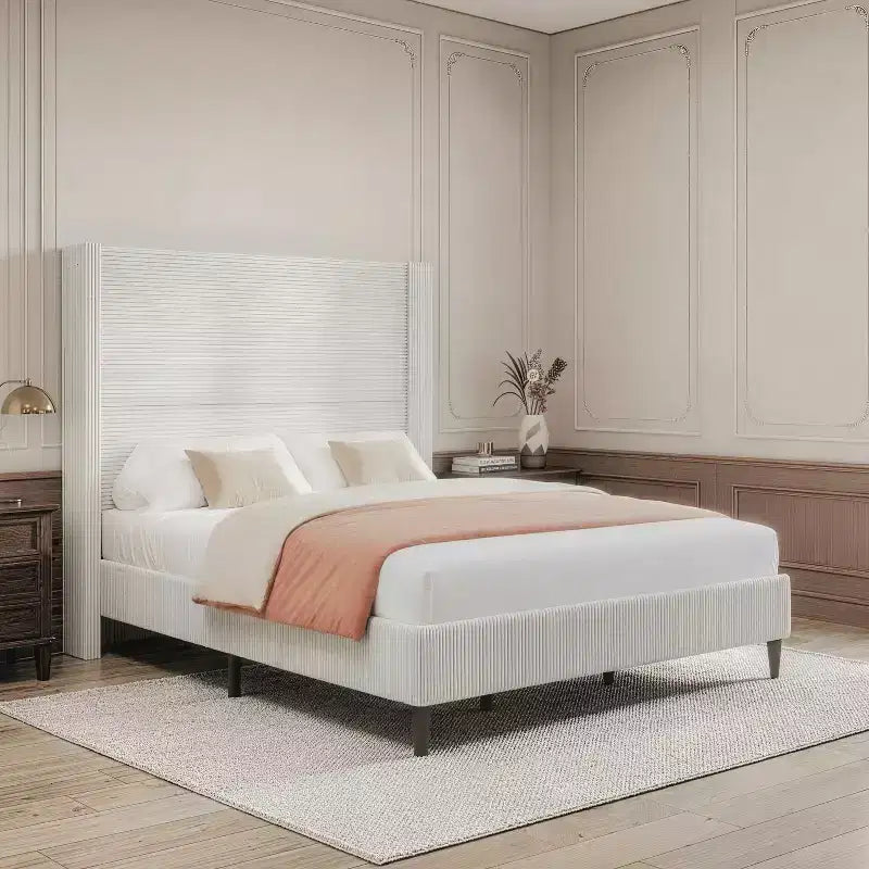 Dyonery Queen Lit plateforme tapissier avec tête de lit capitonnée à oreilles de 130 cm de haut, pieds en bois massif, aucun sommier tapissier requis, lin beige, style moderne