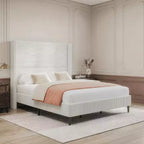 Dyonery Queen Lit plateforme tapissier avec tête de lit capitonnée à oreilles de 130 cm de haut, pieds en bois massif, aucun sommier tapissier requis, lin beige, style moderne