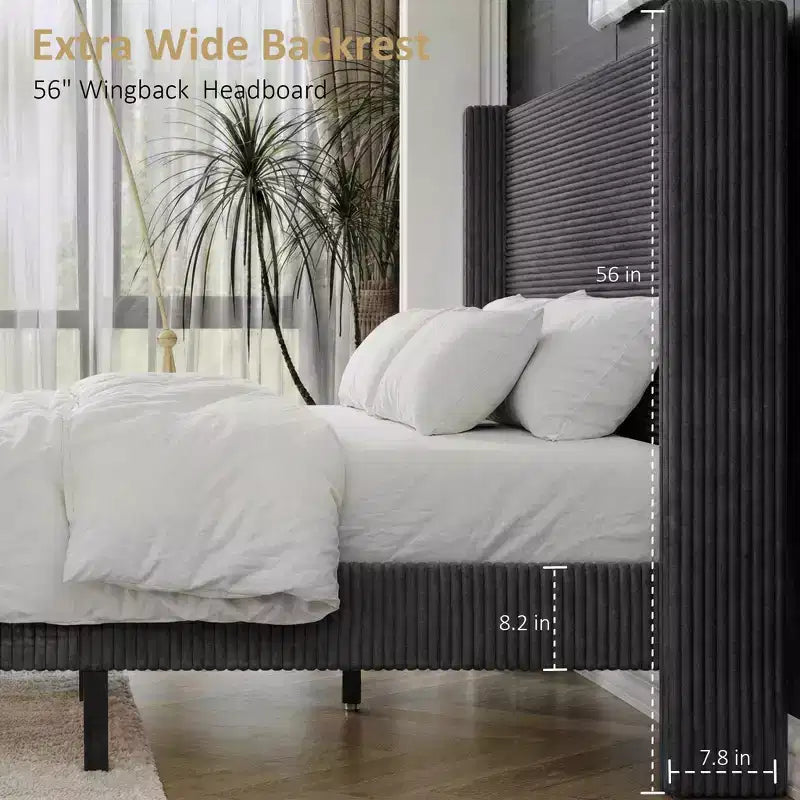 Dyonery Queen Lit plateforme tapissier avec tête de lit capitonnée à oreilles de 130 cm de haut, pieds en bois massif, aucun sommier tapissier requis, lin beige, style moderne