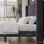 Dyonery Queen Lit plateforme tapissier avec tête de lit capitonnée à oreilles de 130 cm de haut, pieds en bois massif, aucun sommier tapissier requis, lin beige, style moderne