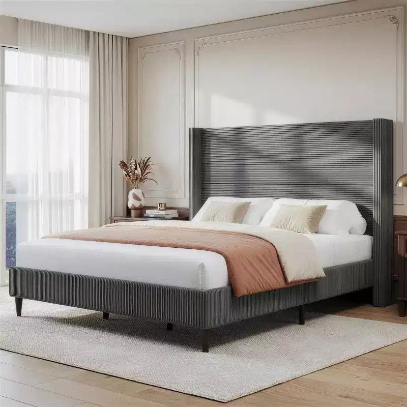 Dyonery Queen Lit plateforme tapissier avec tête de lit capitonnée à oreilles de 130 cm de haut, pieds en bois massif, aucun sommier tapissier requis, lin beige, style moderne