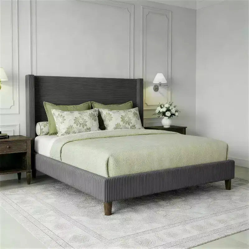 Dyonery Queen Lit plateforme tapissier avec tête de lit capitonnée à oreilles de 130 cm de haut, pieds en bois massif, aucun sommier tapissier requis, lin beige, style moderne
