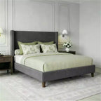 Dyonery Queen Lit plateforme tapissier avec tête de lit capitonnée à oreilles de 130 cm de haut, pieds en bois massif, aucun sommier tapissier requis, lin beige, style moderne