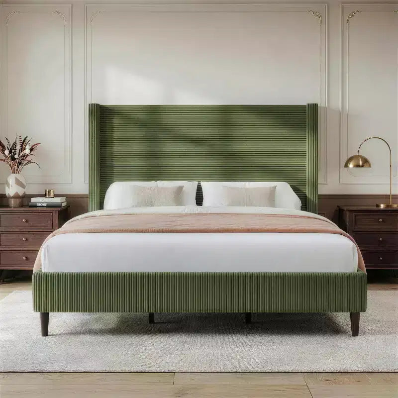 Dyonery Queen Lit plateforme tapissier avec tête de lit capitonnée à oreilles de 130 cm de haut, pieds en bois massif, aucun sommier tapissier requis, lin beige, style moderne