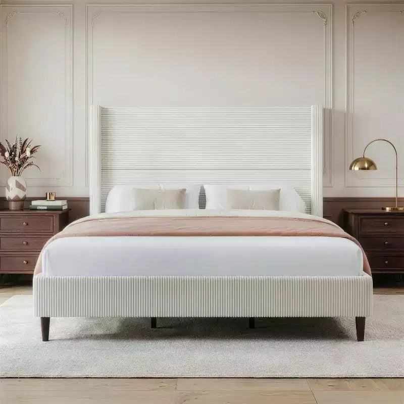 Dyonery Queen Lit plateforme tapissier avec tête de lit capitonnée à oreilles de 130 cm de haut, pieds en bois massif, aucun sommier tapissier requis, lin beige, style moderne