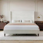 Dyonery Queen Lit plateforme tapissier avec tête de lit capitonnée à oreilles de 130 cm de haut, pieds en bois massif, aucun sommier tapissier requis, lin beige, style moderne