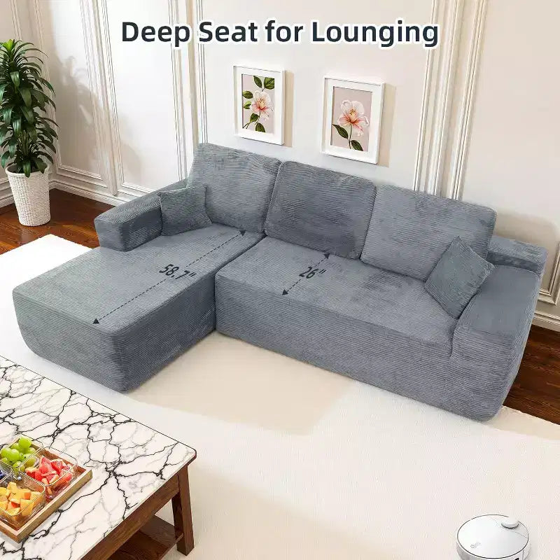 Canapé d'angle modulable MooxvMoo 105 avec coussins et assise profonde, aucun assemblage requis, canapé en velours côtelé confortable en forme de L avec méridienne, gris