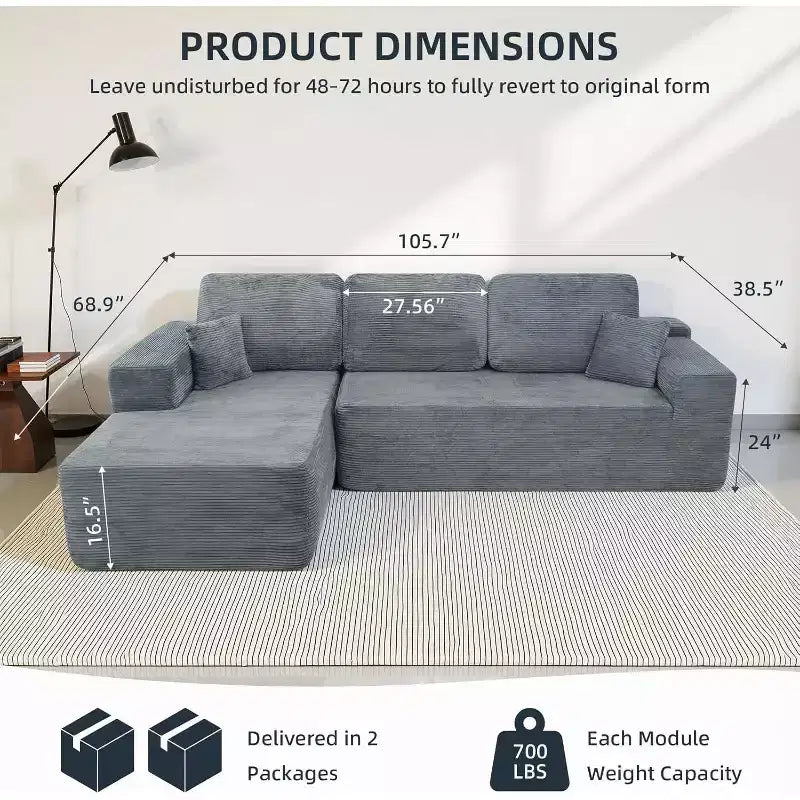 Canapé d'angle modulable MooxvMoo 105 avec coussins et assise profonde, aucun assemblage requis, canapé en velours côtelé confortable en forme de L avec méridienne, gris