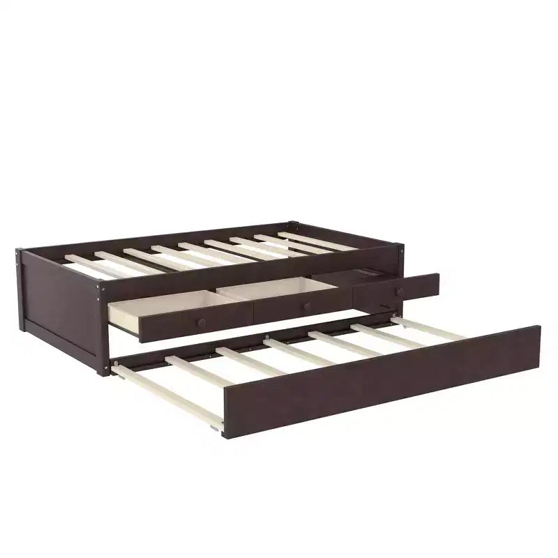 Lit plate-forme Bellemave avec lit gigogne et 2 tiroirs, cadre de lit plate-forme en bois massif avec multiprise pour chambres à coucher