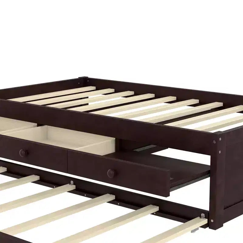 Lit plate-forme Bellemave avec lit gigogne et 2 tiroirs, cadre de lit plate-forme en bois massif avec multiprise pour chambres à coucher