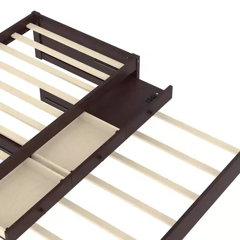 Lit plate-forme Bellemave avec lit gigogne et 2 tiroirs, cadre de lit plate-forme en bois massif avec multiprise pour chambres à coucher
