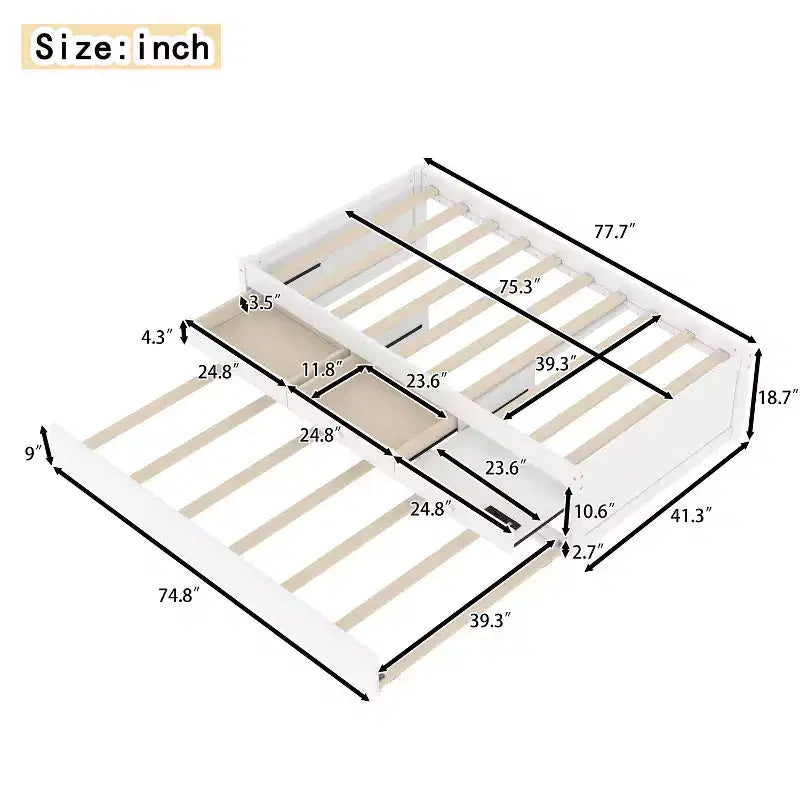 Lit plate-forme Bellemave avec lit gigogne et 2 tiroirs, cadre de lit plate-forme en bois massif avec multiprise pour chambres à coucher