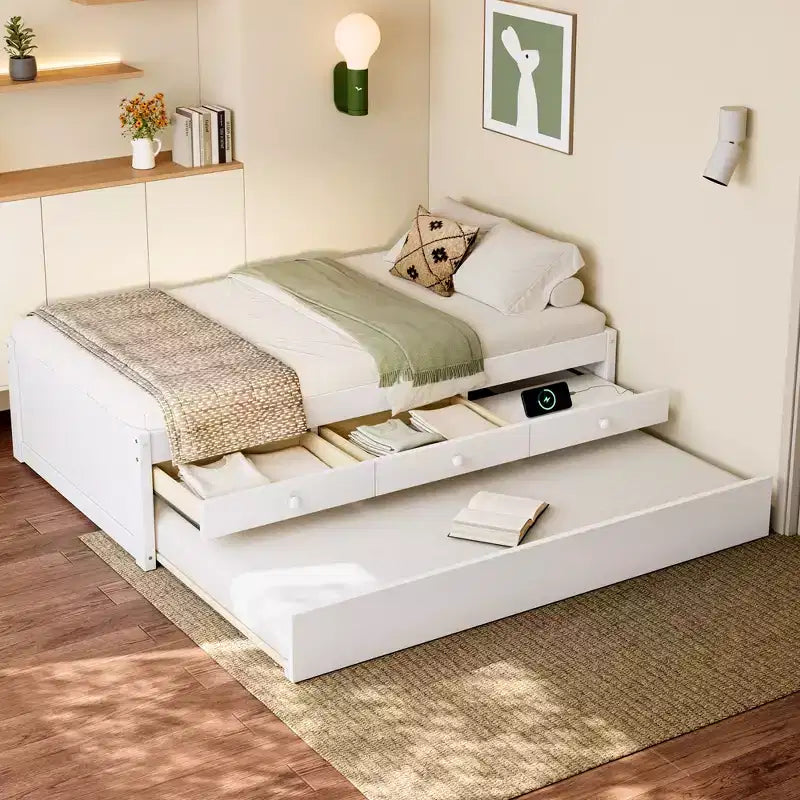 Lit plate-forme Bellemave avec lit gigogne et 2 tiroirs, cadre de lit plate-forme en bois massif avec multiprise pour chambres à coucher