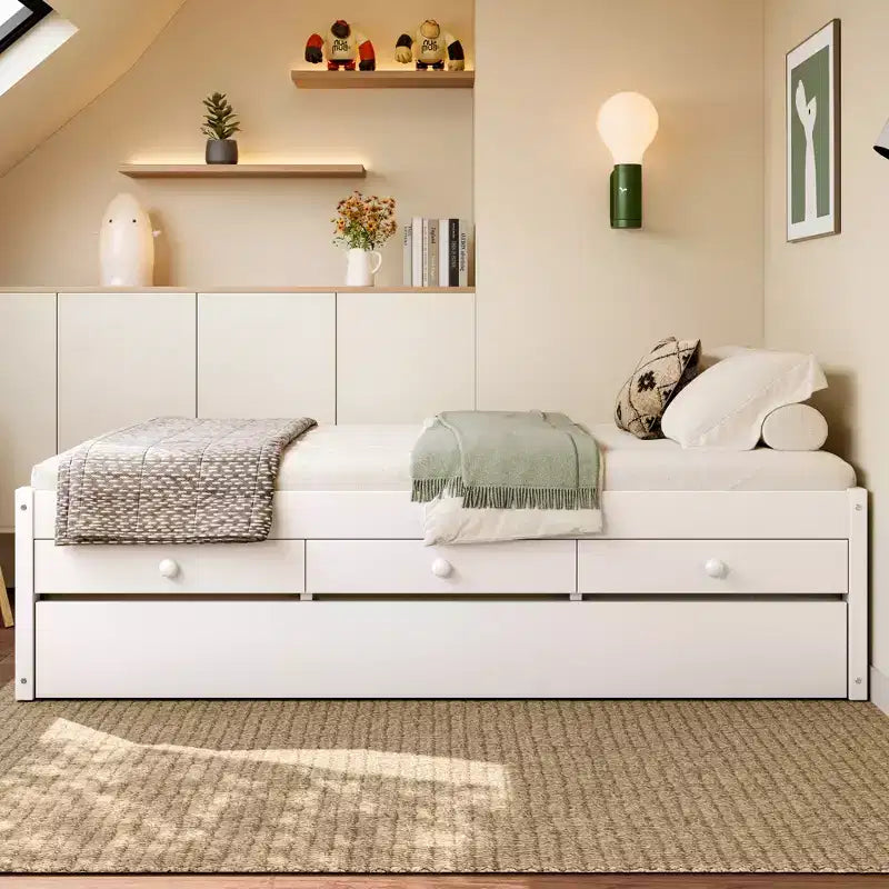 Lit plate-forme Bellemave avec lit gigogne et 2 tiroirs, cadre de lit plate-forme en bois massif avec multiprise pour chambres à coucher