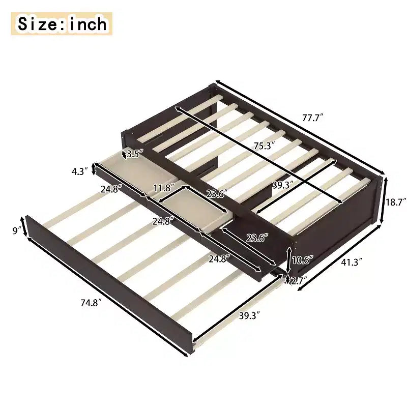 Lit plate-forme Bellemave avec lit gigogne et 2 tiroirs, cadre de lit plate-forme en bois massif avec multiprise pour chambres à coucher