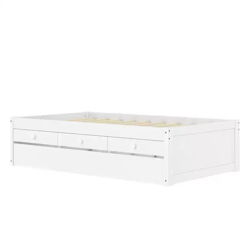 Lit plate-forme Bellemave avec lit gigogne et 2 tiroirs, cadre de lit plate-forme en bois massif avec multiprise pour chambres à coucher