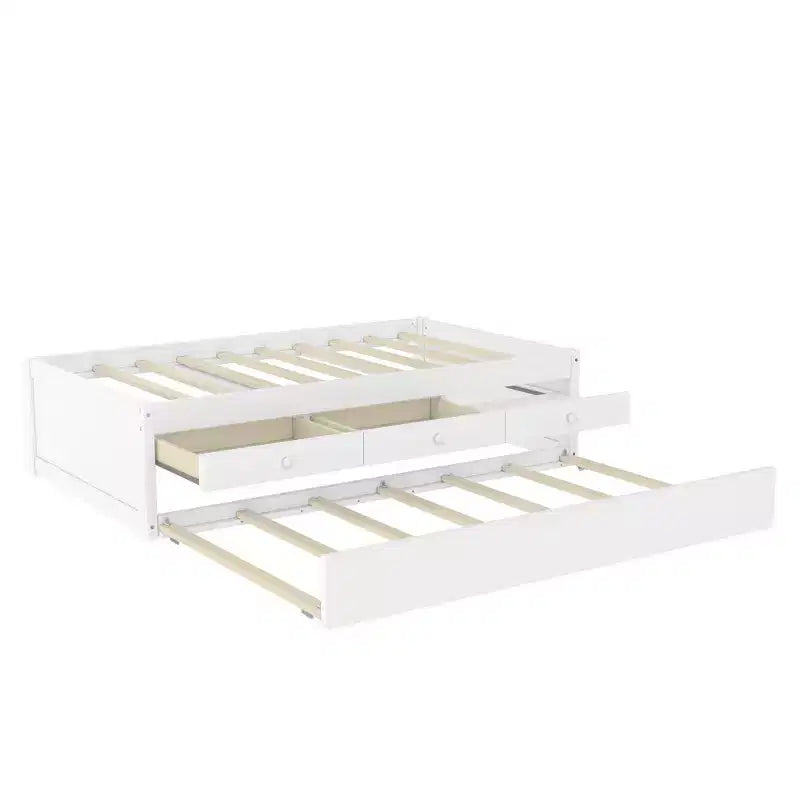 Lit plate-forme Bellemave avec lit gigogne et 2 tiroirs, cadre de lit plate-forme en bois massif avec multiprise pour chambres à coucher