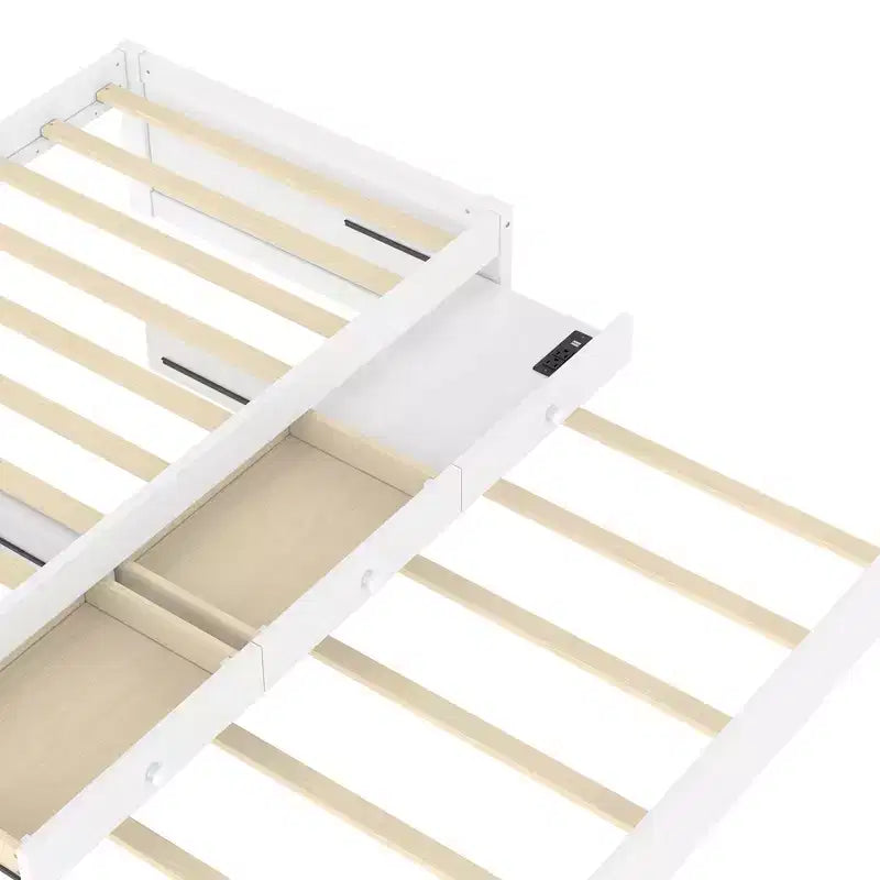 Lit plate-forme Bellemave avec lit gigogne et 2 tiroirs, cadre de lit plate-forme en bois massif avec multiprise pour chambres à coucher